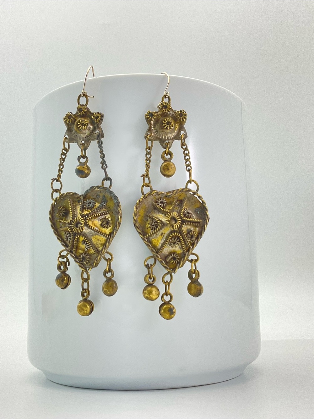 Vintage Heart & Star Chandelier Earrings, Brass, India, BoHo Festival - Picture 5 of 9